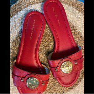 Red Tommy Hilfiger Leather Twicela Slip On Sandals
